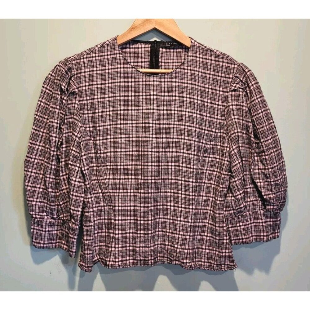 NWOT Zara Pink Black Plaid 3/4 Puff Sleeve Cropped Top Sz XL Cottagecore